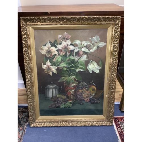 652 - Harriet Sara Scott c.1900, oil on canvas, Still life of lilies and fruit on a table, signed, 80 x 61... 