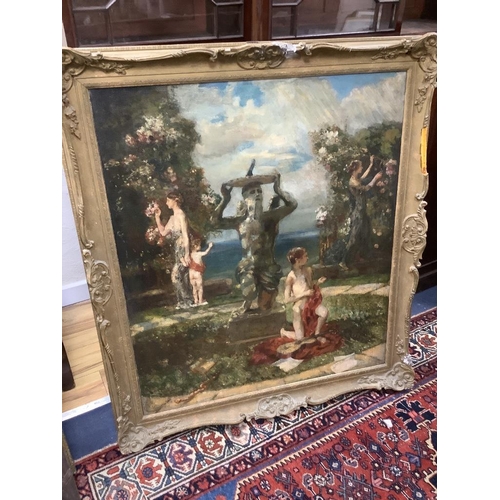 657 - English School c.1900, oil on canvas, Classical maidens and youths in a garden, a figural sundial to... 