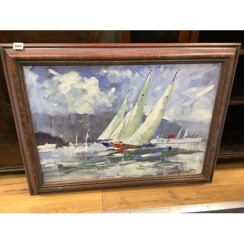 664 - Aubrey Sykes (1910-1995), oil on board, Yachts racing Firth of Forth, signed with label verso, 50 x ... 