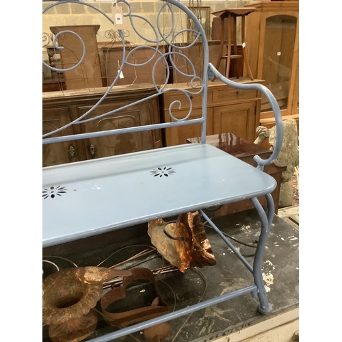 8 - A painted wrought iron garden bench, length 123cm, depth 50cm, height 93cm