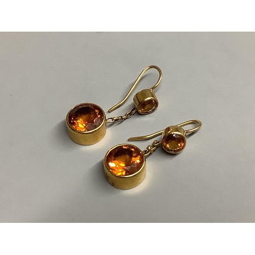 867 - A pair of yellow metal and two stone citrine set drop earrings,25mm, gross 5.7 grams.... 