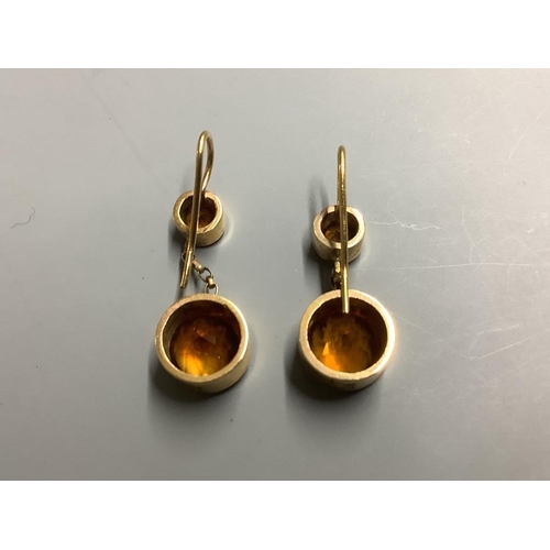 867 - A pair of yellow metal and two stone citrine set drop earrings,25mm, gross 5.7 grams.... 