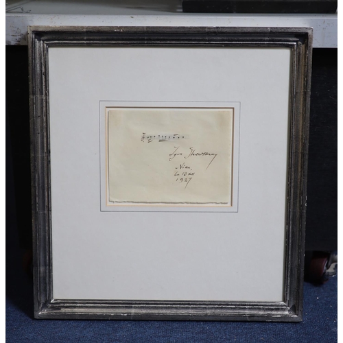 1 - Igor Stravinsky, a signed card with hand-written musical bar,Dated Nice La 13 XII 192712.5 x 16 cm.... 