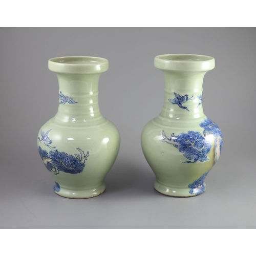 105 - A pair of Chinese underglaze blue and copper red celadon ground vases, probably Republic periodeach ... 