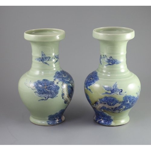 105 - A pair of Chinese underglaze blue and copper red celadon ground vases, probably Republic periodeach ... 