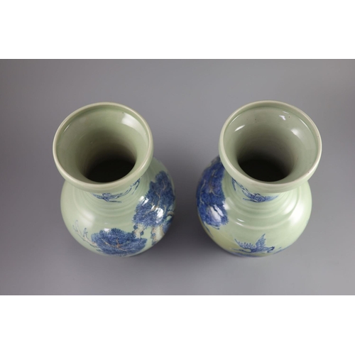 105 - A pair of Chinese underglaze blue and copper red celadon ground vases, probably Republic periodeach ... 