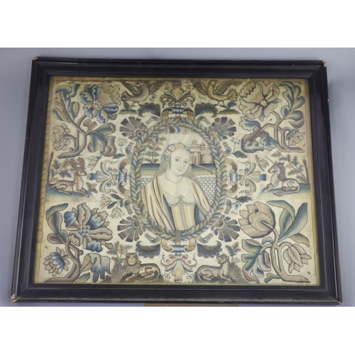 13 - A Charles II stumpwork panel,decorated centrally with a waist length portrait of a lady, the field c... 