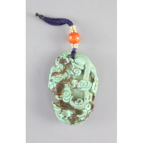 130 - A Chinese turquoise matrix dragon pendant, 19th centurycarved in high relief and openwork with a d... 