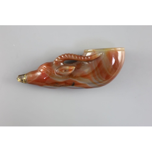 138 - A Chinese chalcedony 'antelope' rhyton, late Qing dynasty,the mouth of the antelope with applied gil... 