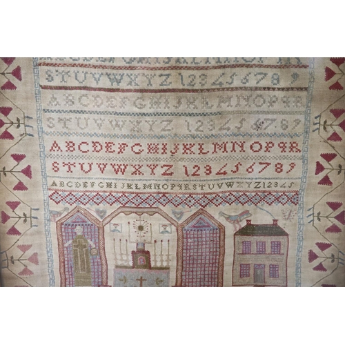 14 - A large William IV alphabetical sampler, by Mary Ann Cox, dated 1831,decorated with a scene of The ... 