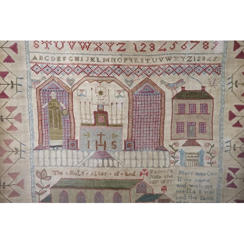 14 - A large William IV alphabetical sampler, by Mary Ann Cox, dated 1831,decorated with a scene of The ... 