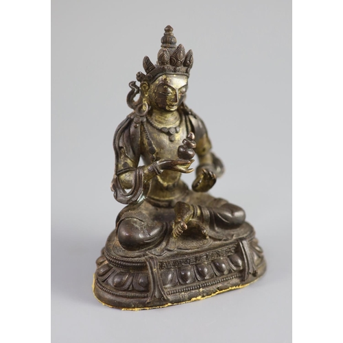 160 - A Chinese gilt bronze figure of Amitayus, Qianlong mark and period (1736-95),holding a vessel in his... 