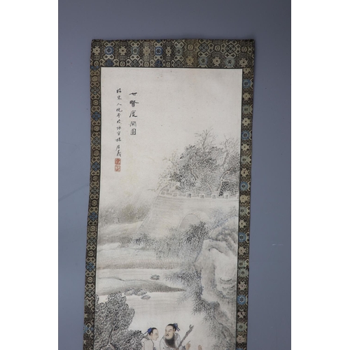 168 - A Chinese painting on paper, Qing dynastypainted with the seven scholars of the Bamboo Grove, in a l... 