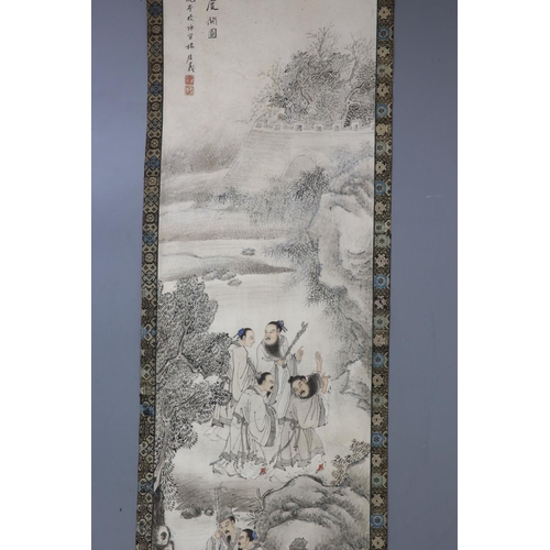 168 - A Chinese painting on paper, Qing dynastypainted with the seven scholars of the Bamboo Grove, in a l... 