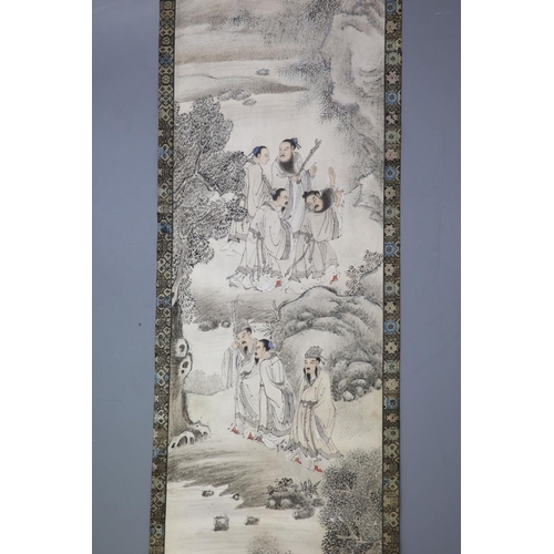 168 - A Chinese painting on paper, Qing dynastypainted with the seven scholars of the Bamboo Grove, in a l... 