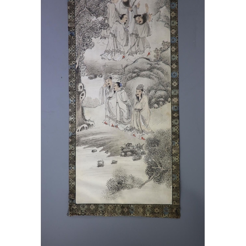 168 - A Chinese painting on paper, Qing dynastypainted with the seven scholars of the Bamboo Grove, in a l... 