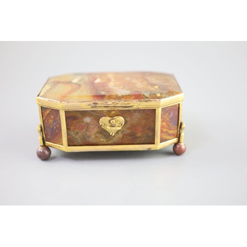 18 - A German ormolu mounted octagonal agate casket, 19th centuryWith a heart shaped lock escutcheon, rai... 