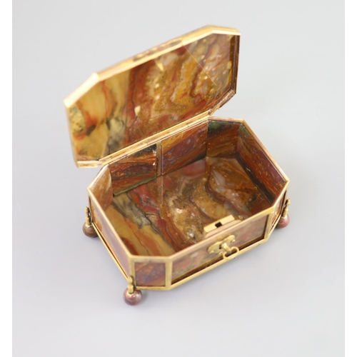 18 - A German ormolu mounted octagonal agate casket, 19th centuryWith a heart shaped lock escutcheon, rai... 