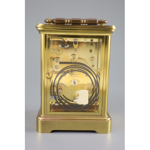 181 - A large Swiss-made alarum brass carriage clock, Matthew Norman, London, 20th century,No 1751, white ... 