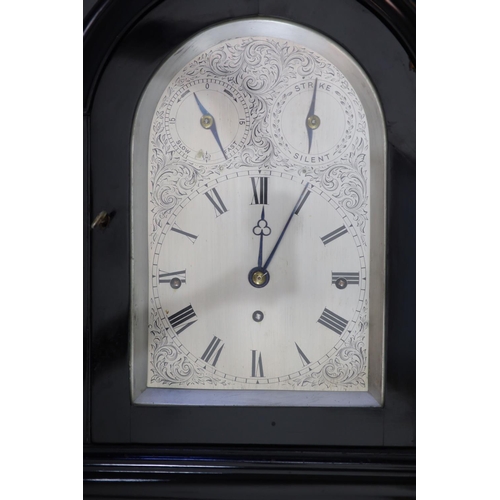 187 - A large late Victorian ebonised bracket clock with bracketthe arched silvered dial with Roman numera... 