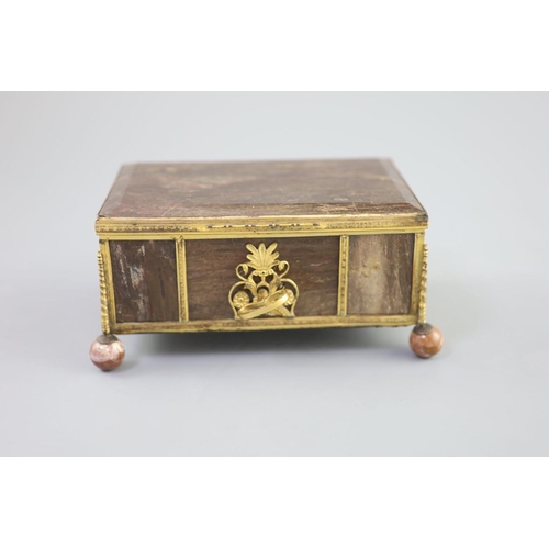 19 - A German ormolu mounted hardstone casket, 19th centurywith scrolling floral escutcheon, raised on po... 