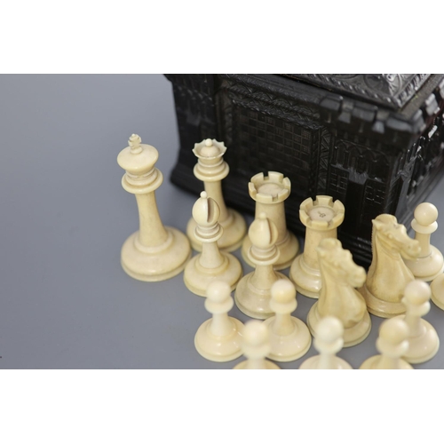 21 - A Jaques of London red and white ivory 3 1/2" Staunton chess set, c.1850,with Carton Pierre cas... 