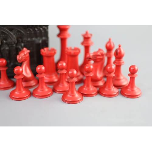 21 - A Jaques of London red and white ivory 3 1/2" Staunton chess set, c.1850,with Carton Pierre cas... 