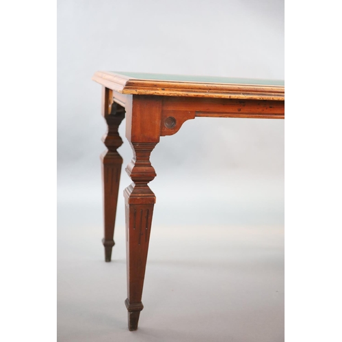 217 - A late Victorian mahogany writing table, supplied by Sage & Co. Shopfitters of London,with green lea... 