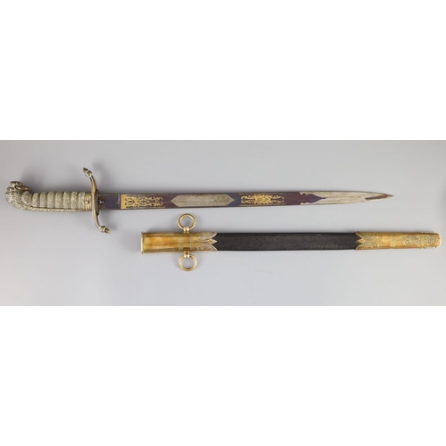 23 - An Edward VII Naval officers dress dirkwith EVIIR cipher, and brass-mounted leather scabbard, toget... 