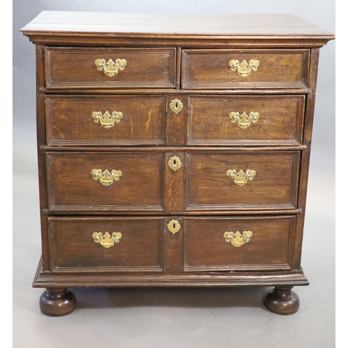 234 - A late 17th century oak chest,of four graduated long drawers, on pad feet,W.93cm D.55cm H.95cm... 