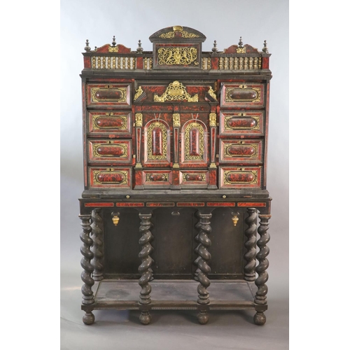 236 - A late 17th century Portuguese ormolu mounted ebony and red tortoiseshell cabinet on stand,of archit... 