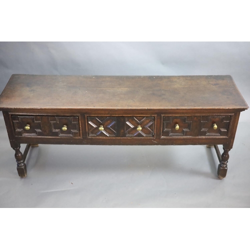 237 - A late 17th century oak dresser,fitted with three geometric moulded short drawers, raised on turned ... 