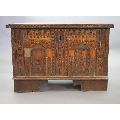 238 - A late 16th century Anglo-German Nonesuch chest,The facade profusely inlaid with towers and other ... 