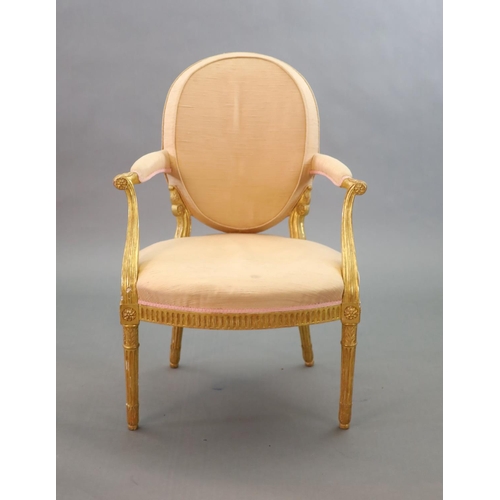 245 - A George III giltwood open armchair,with upholstered back, arms and seat, the moulded frame carved w... 