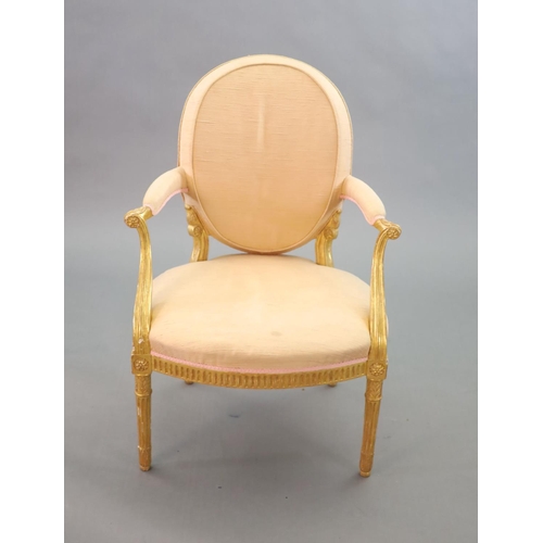 245 - A George III giltwood open armchair,with upholstered back, arms and seat, the moulded frame carved w... 