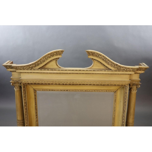 253 - A Victorian Adam style cream painted beech overmantel,with broken arch cornice and central bevelled ... 