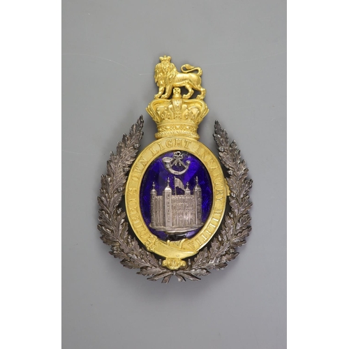 26 - A rare royal Tower Hamlets Militia Officer's Belltop shako plate circa 1835,the central blue enamel ... 