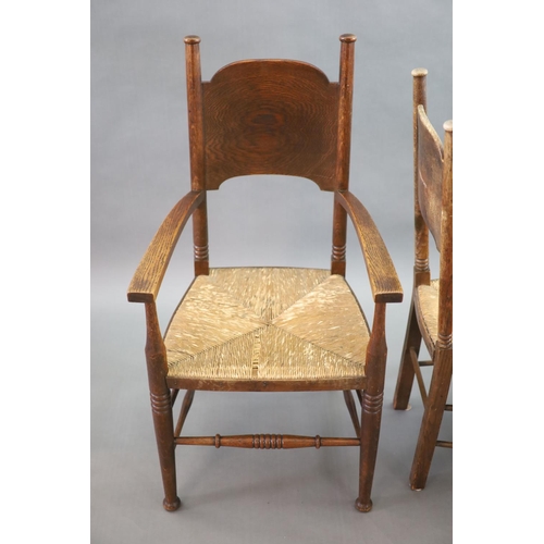 266 - A set of six oak chairs, including a pair of carvers, in the Glasgow School manner by William Birch,... 