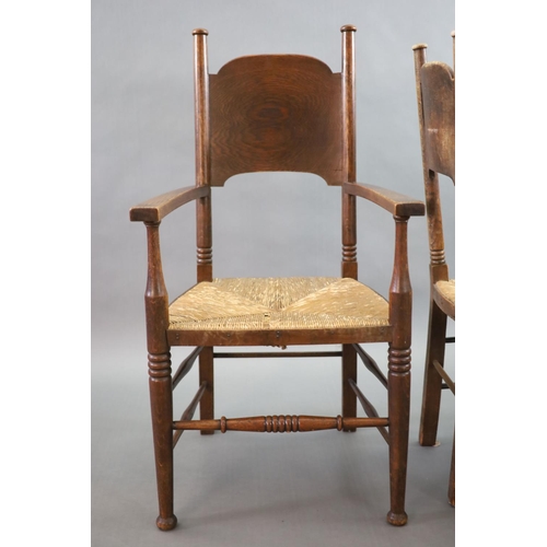 266 - A set of six oak chairs, including a pair of carvers, in the Glasgow School manner by William Birch,... 