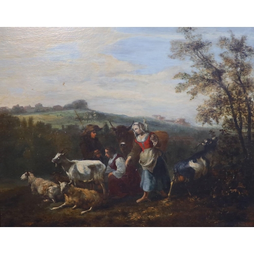 304 - Late 18th century Flemish SchoolShepherdess in a landscapeOil on wooden panel43 x 52 cm.... 