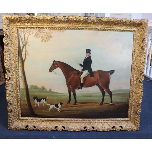 306 - Follower of James Loden of Bath (1784-1854)Portrait of a gentleman on a bay hunter with two spaniels... 