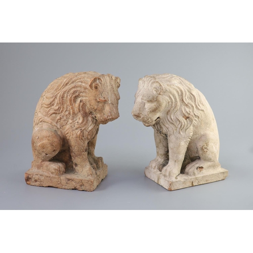 32 - A pair of European pink marble seated lions, 18th century or earlier,the marble possibly rose Verona... 