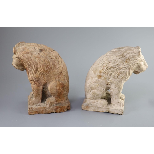 32 - A pair of European pink marble seated lions, 18th century or earlier,the marble possibly rose Verona... 