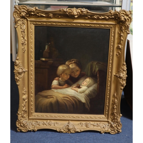 340 - 19th century German SchoolTwo children looking at a sleeping babyoil on canvasindistinctly signed46.... 