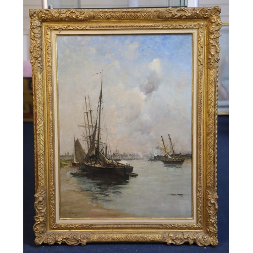 341 - Charles Lapostolet (1824-1890)Boats moored on the river above Rouenoil on canvassigned72.5 x 52cm... 