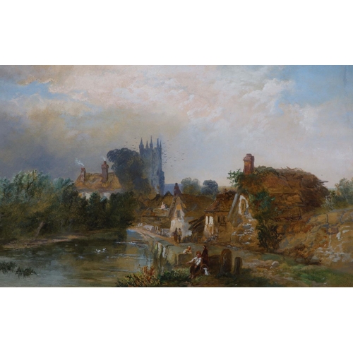 344 - James Vivien Fleury (1847-1902)River landscape with figures in the foreground, houses and a church a... 