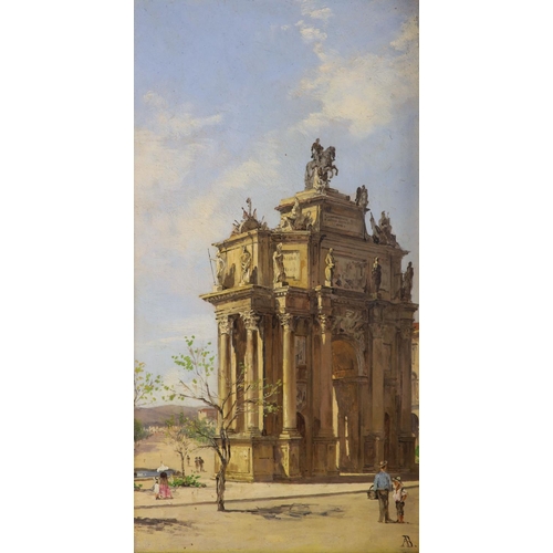 355 - Antoinetta Brandeis (Italian, 1849-1926)Piazza San Domenico, Bologna & Triumphal Archpair of oils on... 