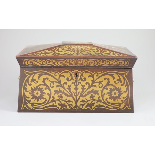 40 - An early 19th century brass inlaid rosewood tea caddy in the boulle manner,of sarcophagus form, the ... 