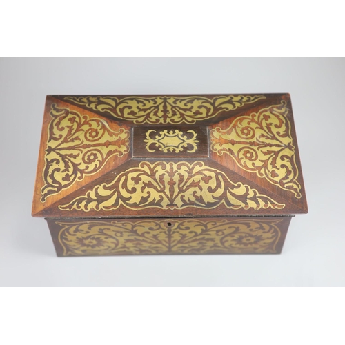 40 - An early 19th century brass inlaid rosewood tea caddy in the boulle manner,of sarcophagus form, the ... 