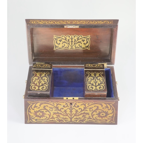 40 - An early 19th century brass inlaid rosewood tea caddy in the boulle manner,of sarcophagus form, the ... 